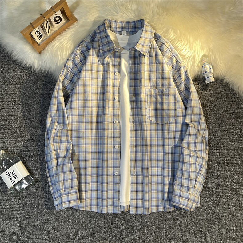 B413-1-DX882秋季新品港风宽松格子长袖衬衫男女休闲潮流外套衬衣,男装衬衫,电商B413-1