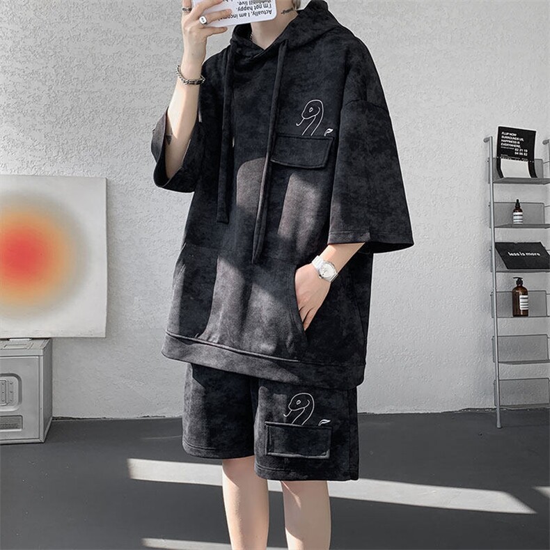 现货TZ773-特批55控88设计感高质感套装连帽大码T恤短袖短裤,男装休闲套装,电商A059