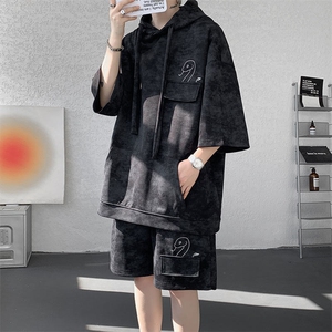 现货 TZ773-特批55 控88 设计感高质感套装连帽大码T恤短袖短裤图片