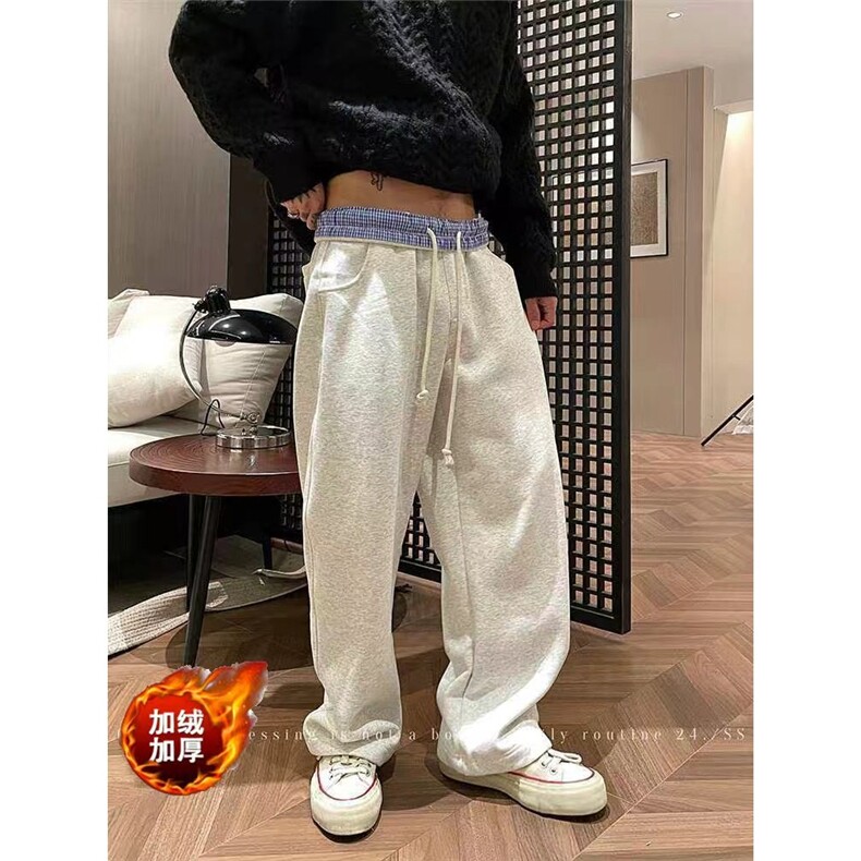 W10975-P45网图现货腰部拼接卫裤假两件美式加绒加厚直筒休闲裤,男装休闲裤,星座1608