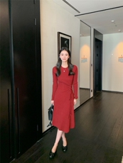 法式连衣裙女秋冬修身纯色套头中长款毛衣裙过膝针织连衣裙子，女装针织衫/毛衣，玛卡隆羊绒