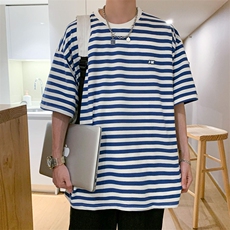 条纹男士短袖夏季宽松简约原宿风百搭半袖ins港风衣服T641-P25，男装T恤，星座512-2