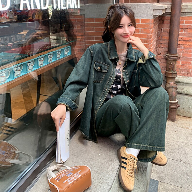 洋气港风牛仔套装女2025春秋新款流行爆款炸街衬衫阔腿裤两件套，女装套装/套裙，浙宝305