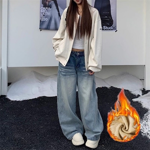 小众街头设计感阔腿牛仔裤女加绒加厚新款水洗垂感显瘦阔腿牛仔裤图片