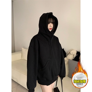 480G重磅加绒硬挺boxy 男女秋冬美式高街防风高领卫衣开衫厚外套图片