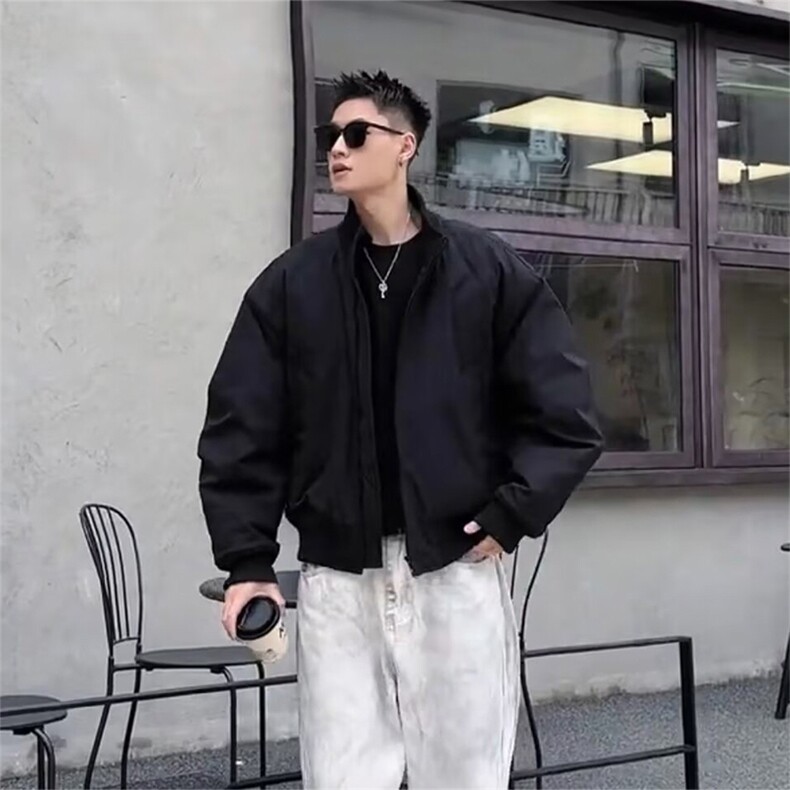 抖音得物美式潮休闲夹克春季立领纯色复古工装加厚棉服外套AMY02,男装夹克,电商A443