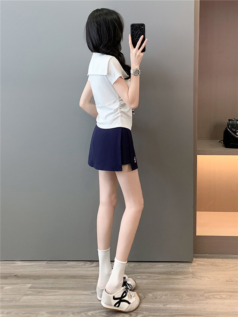 时尚运动套装裙女夏新款俏皮可爱蝴蝶结海军领短袖上衣裤裙两件套,女装套装/套裙,江南