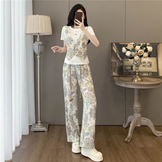 设计感时尚气质简约套装女夏圆领印花马甲假两件套阔腿长裤两件套，女装套装/套裙，江南