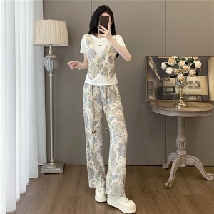 设计感时尚气质简约套装女夏圆领印花马甲假两件套阔腿长裤两件套图片