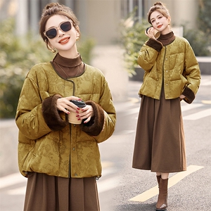 新中式g风提花羽绒服女2025冬季新款时尚拼接白鸭绒短款外套图片