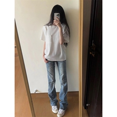 bcare蓝色弯刀牛仔裤男女美式中高腰修身裤子显瘦提档直筒微喇裤，男装牛仔裤，星座506A