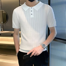 夏季复古男装净色宽松翻领针织衫男休闲提花竖纹短袖Polo衫M819，男装针织衫/毛衣，星座1116A-2（原606A-1）