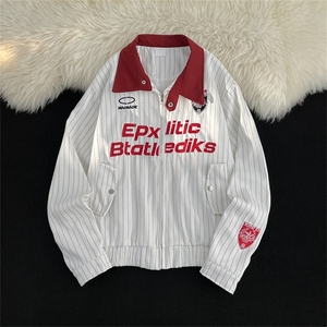 美式外套男女冬宽松休闲白色条纹棒球服情侣装翻领夹克W6273-P69图片