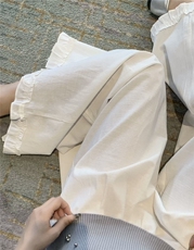 设计感纯色木耳边休闲裤2025夏季新款高腰显瘦减龄阔腿裤，女装休闲裤，湘姗