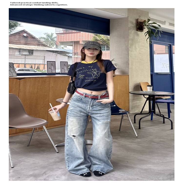 美式复古宽松破洞竹节棉弯刀牛仔裤女街头cleanfit阔腿长裤潮,女装牛仔裤,星座218-8