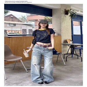 美式复古宽松破洞竹节棉弯刀牛仔裤女街头cleanfit阔腿长裤潮图片