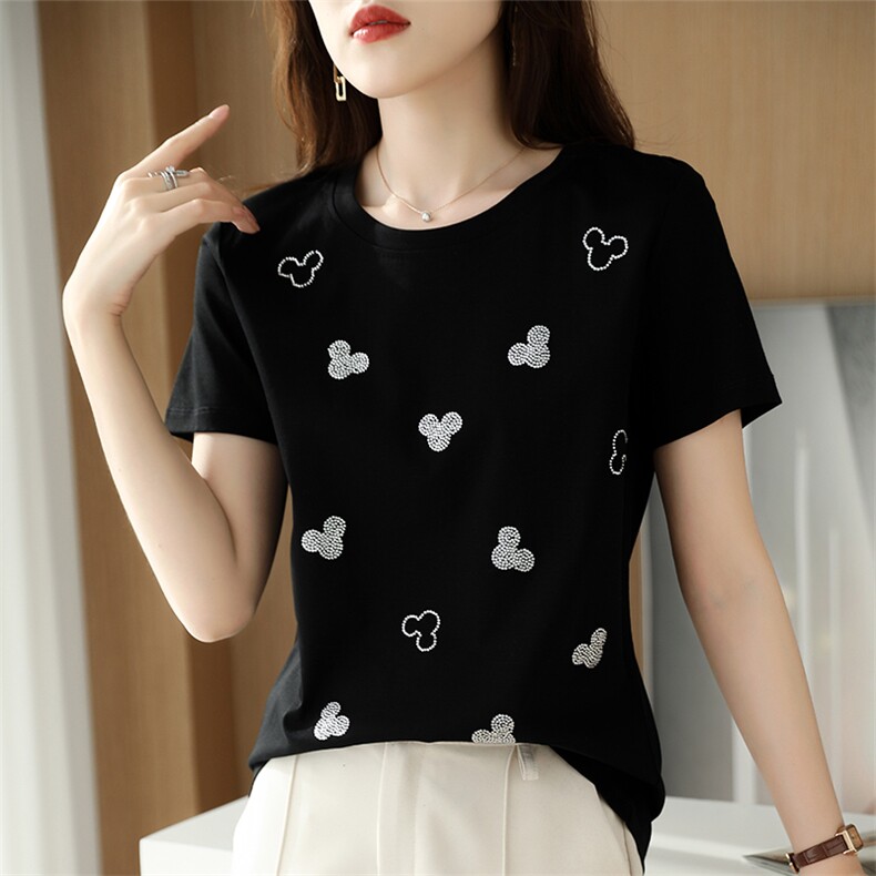 高支高密丝光棉t恤女25夏季新款烫钻短袖100纯棉修身显瘦上衣体恤，女装T恤，元素羊绒