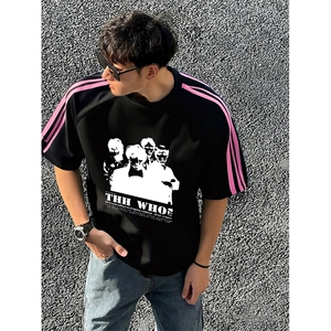 抖音得物品质二开240克宽松纯棉美式潮牌印花三条杠中性风短袖T恤图片