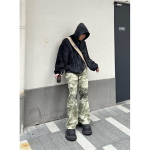 迷彩牛仔裤男美式复古hiphop辣妹裤子高街ins潮直筒阔腿裤 N7785图片