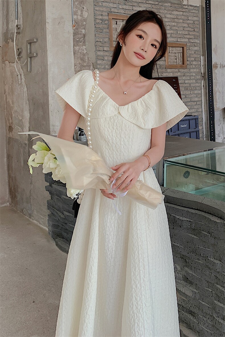法式茶歇小众气质超仙连衣裙夏季2025女新款露肩v领温柔风初恋裙,女装连衣裙,韩蜜菓