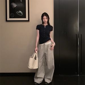 1183-P58【现货】线条艺术家法式优雅蕾丝拼接条纹直筒休闲裤