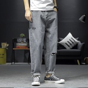 20男新款潮精品牛仔裤破洞休闲日系裤子714-1图片