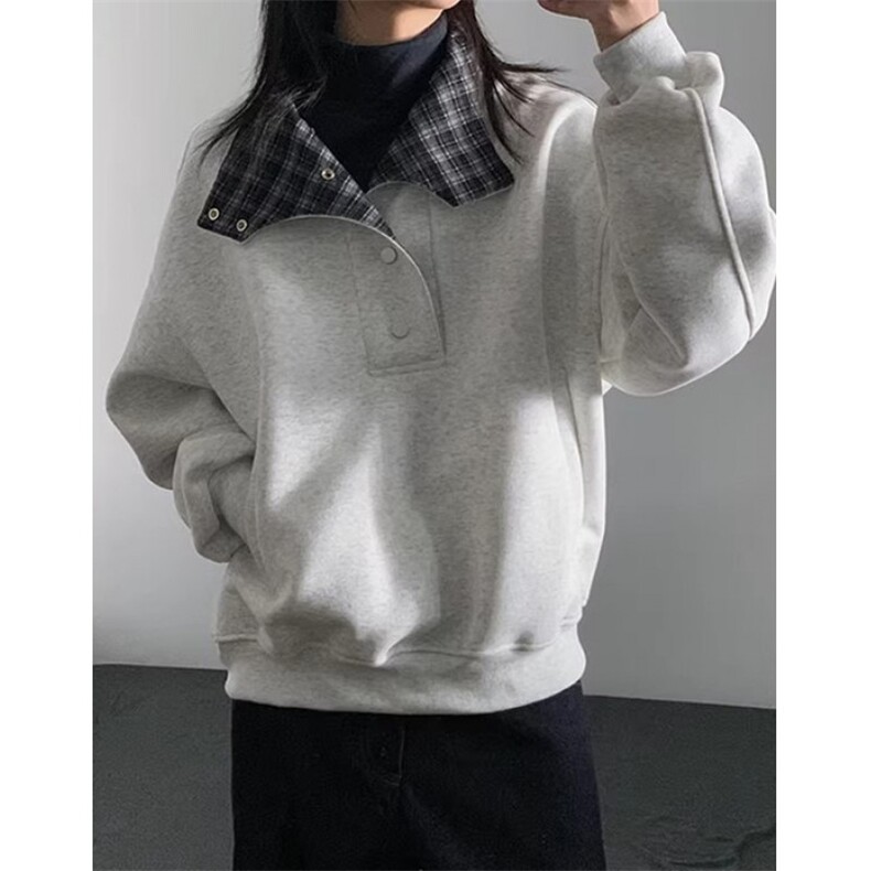 格纹拼接翻领卫衣男春季复古外套立领纽扣重磅长袖上衣W408,女装短外套,星座1116A（原606A-3）