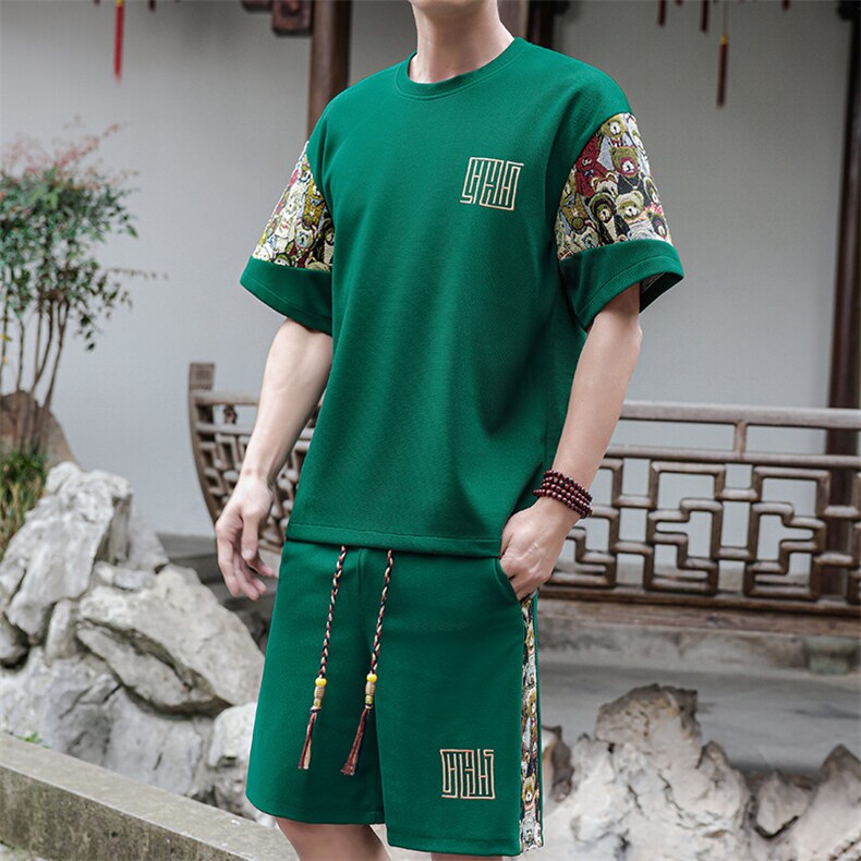 夏季拼接男士休闲运动套装男宽松刺绣T恤一套潮A266-TZ8807-P47图片