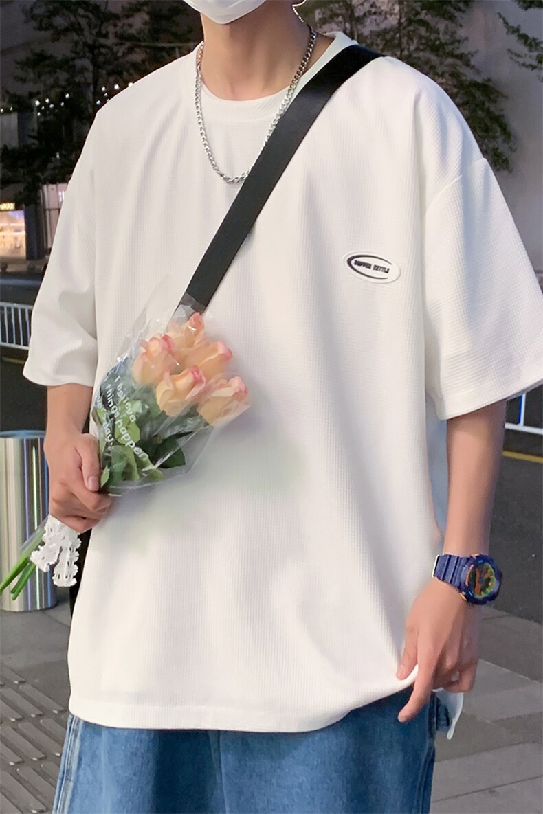 T6055/P20港风华夫格夏季新款宽松贴标短袖T恤男上衣大码控38,男装T恤,电商A141