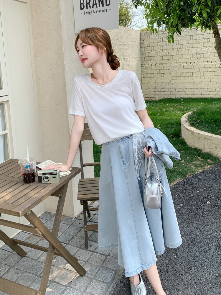 时尚减龄牛仔套装女2025年夏季新款马甲T恤半身裙三件套,女装套装/套裙,吉娜