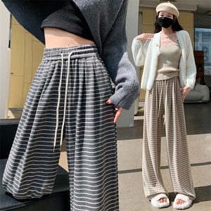 条纹抽绳垂感休闲裤女秋季拖地直筒长裤宽松高腰阔腿遛弯裤子