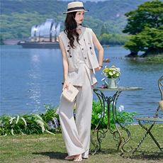 （新款现货）2026夏装时尚莱赛尔蕾丝刺绣马甲+屁帘阔腿裤两件套，女装套装/套裙，印象茜