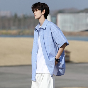 8XL-M 条纹短袖衬衫男夏季宽松慵懒风痞帅大码衬衣外套DC28001P40图片