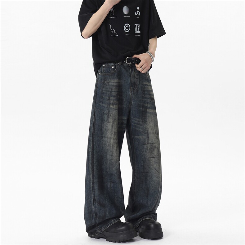 xz905-2-Z070#P65-（控98）美式阔腿脏脏水洗牛仔裤,男装牛仔裤,星座905-2