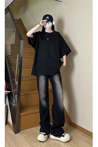 港风大码街头潮流百搭男女圆领短袖T恤五分袖 XZ213-T065-P35控48图片