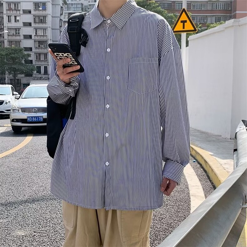 日系小清新竖条纹衬衣男秋季宽松潮流中性长袖衬衫外套CS2008-P30图片