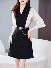 2025春季韩版西装领拼接荷叶边领假两件双排扣长袖连衣裙，女装连衣裙，施恩睿棋