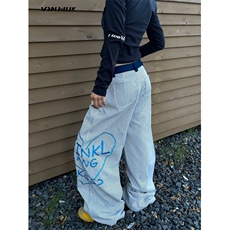 春夏新款设计师品牌家牛仔拼接条纹字母刺绣休闲裤长裤女KN7064，男装休闲裤，星座1116A（原606A-3）