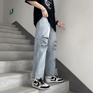 破洞毛边牛仔裤子男韩版潮流宽松直筒夏季ins港风休闲裤N8803-p40图片