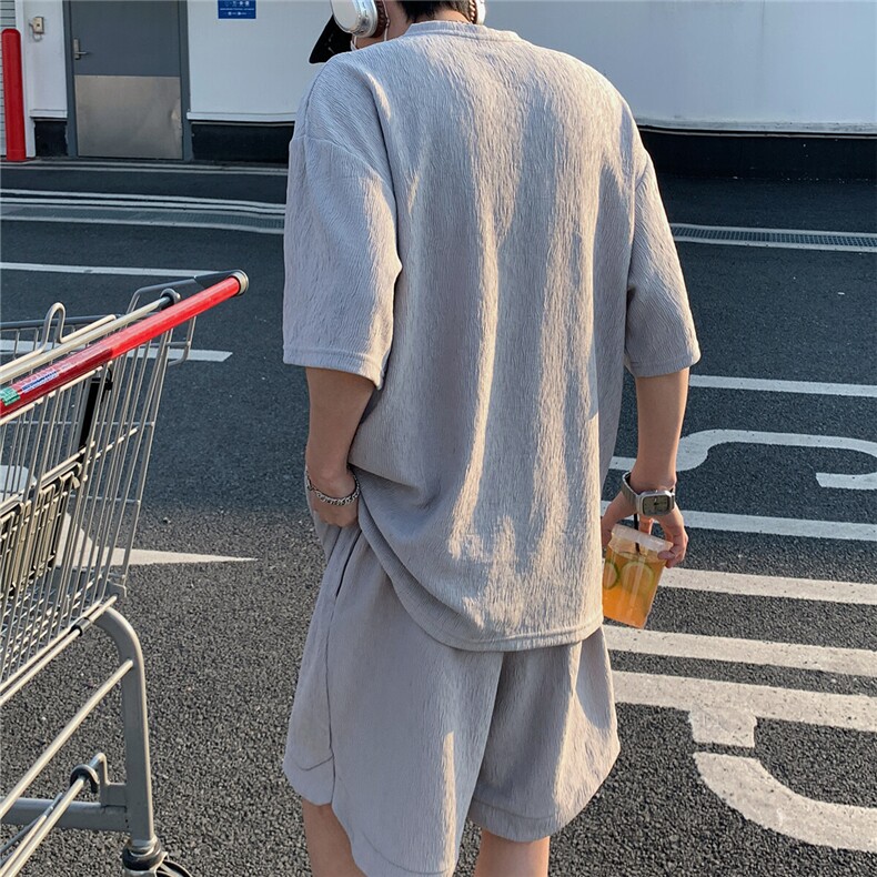 2026夏装V领短袖冰丝T恤套装大码男纹理提花半袖TZ5677/特P45灰,男装T恤,电商A094