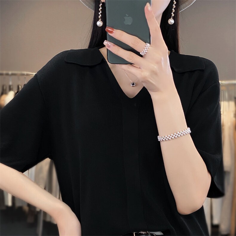 冰丝Polo领针织衫短袖女薄款打底衫夏季新款宽松半袖纯色t恤上衣图片