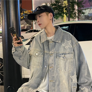 美式复古牛仔外套男春秋潮牌水洗渐变炸街星星痞帅夹克JK0306-65图片
