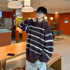 水貂绒条纹毛衣男冬季加厚慵懒风宽松外套秋冬款韩系马海毛针织衫，男装针织衫/毛衣，星座1013