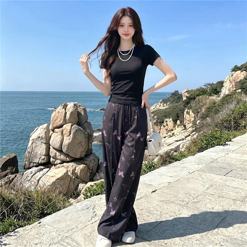 女夏季高级感休闲运动套装圆领收腰短袖阔腿蝴蝶印花长裤两件套潮,女装套装/套裙,江南
