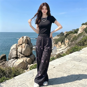 女夏季高级感休闲运动套装圆领收腰短袖阔腿蝴蝶印花长裤两件套潮图片