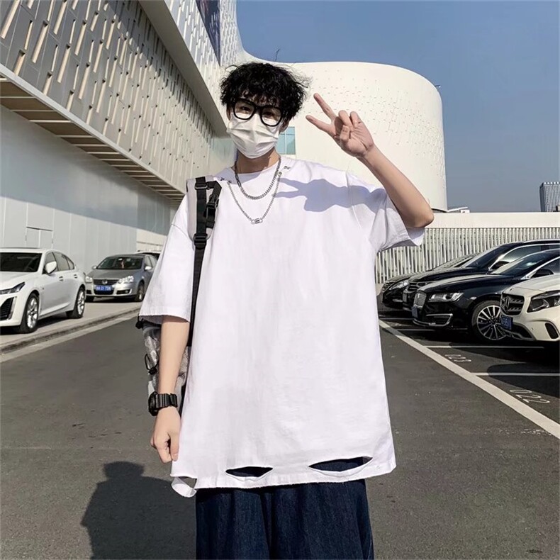 2023春夏季新款男休闲圆领短袖破洞男时尚T恤U22P30图片