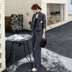 灰色气质学院风小西装外套阔腿裤套装两件套女早秋高级感女神范图片