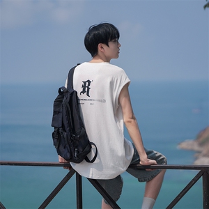 日系无袖夏季宽松透气简约字母发泡男装T恤B225-T9225-P40-X55图片