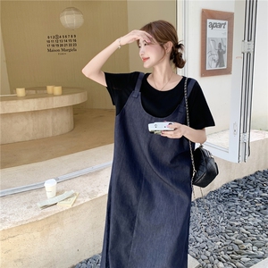慵懒风假两件拼接牛仔连衣裙女2025夏新款韩版宽松遮肉显瘦T恤裙图片