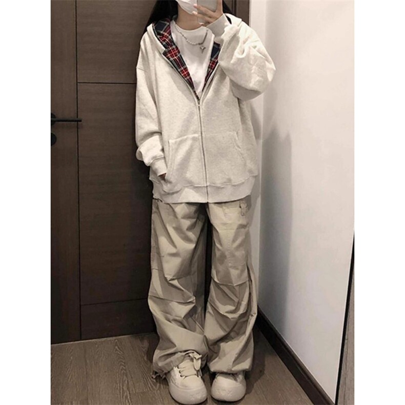 美式复古格子连帽卫衣外套宽松慵懒风开衫上衣513AKS2734特P38,女装短外套,星座513A